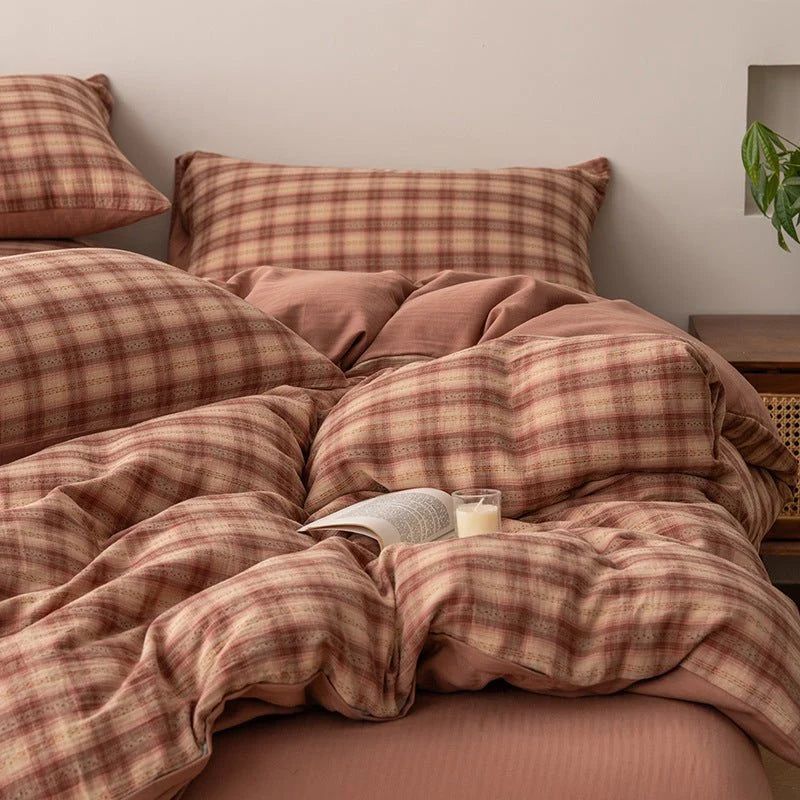 Gingham Double Gauze Cotton Bedding Set, Rustic Rose, bedroom view 2 - Roomden