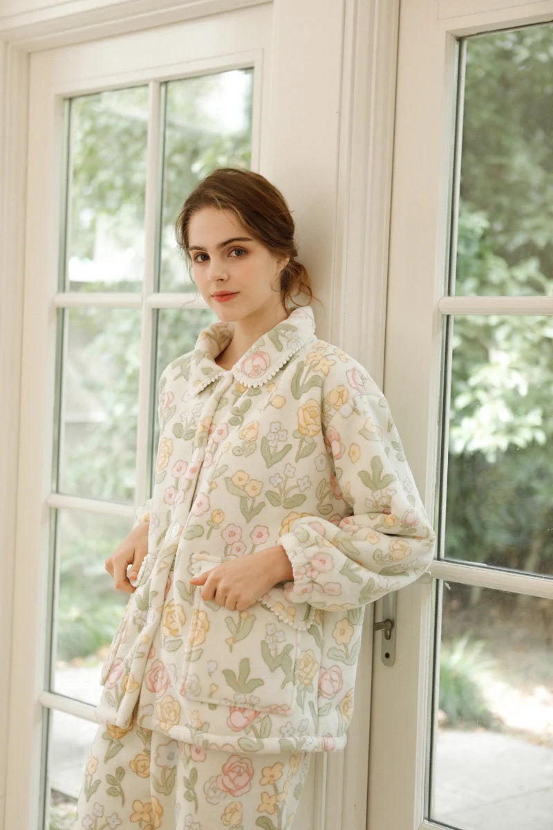 Model leaning against door frame in cottagecore style pajamas - RoomDen