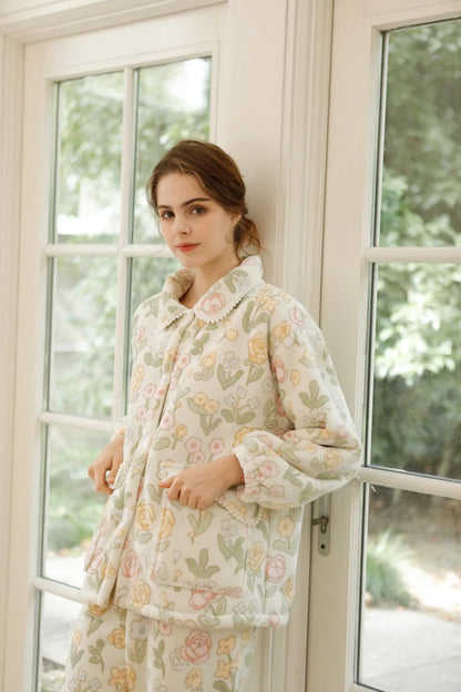 Model leaning against door frame in cottagecore style pajamas - RoomDen