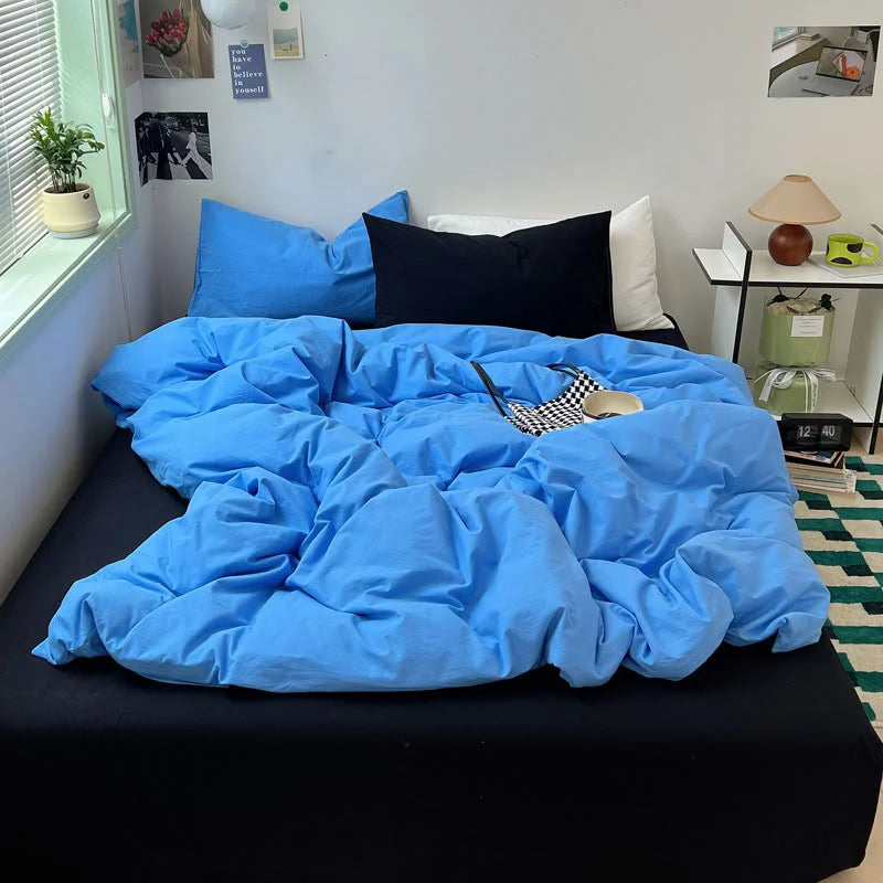 Electric Blue Bedding Set styling with checkered bag