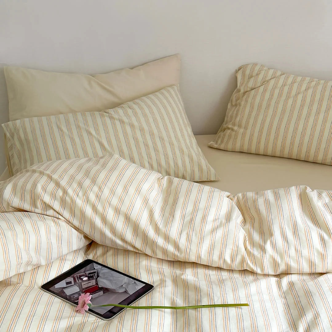 Yellow Striped Washed Cotton Bedding Set with Tablet on Bed - RoomDen