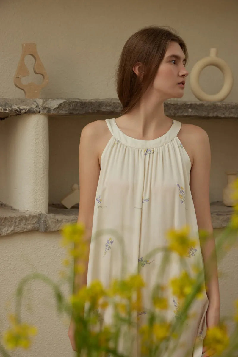 Cream sleeveless halter neck nightgown with purple and yellow floral embroidery - RoomDen