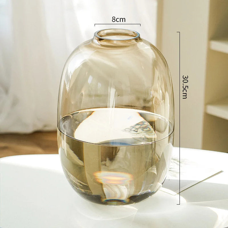 Close-up of the large-sized amber brown tinted glass vase showing dimensions: 30.5cm height and 8cm mouth. - RoomDen