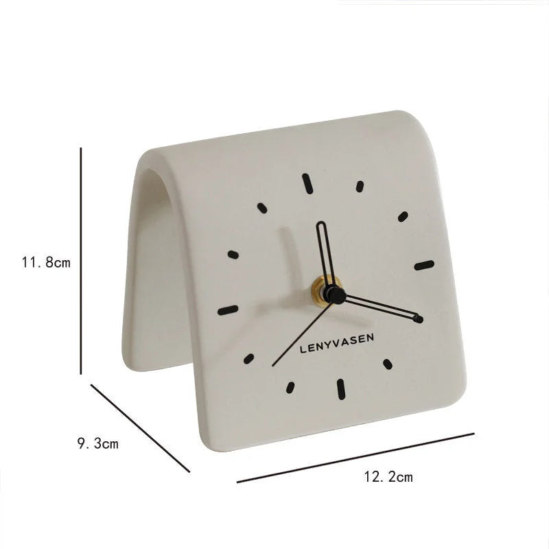Creamy White Matte Arch Ceramic Table Clock with dimension callouts - RoomDen
