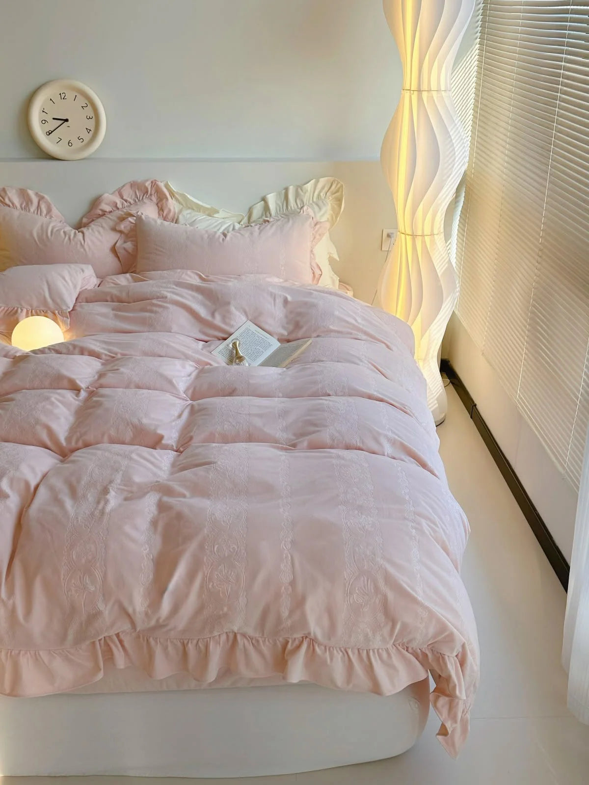 Full bed view showing the soft drape of the Blush Pink Ruffled Velvet Duvet Cover. - RoomDen