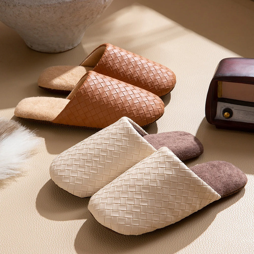 Beige and Brown woven texture house slippers arranged on a neutral surface - RoomDen
