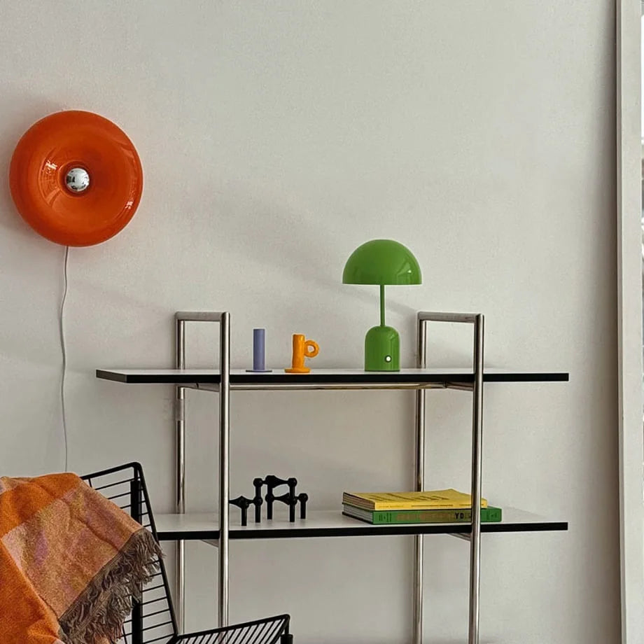 Kelly Green mushroom accent lamp displayed on a minimalist metal and white shelf - RoomDen