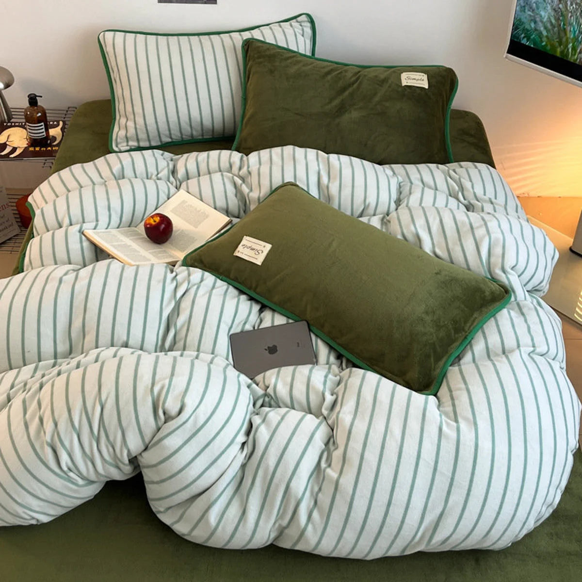 Top-down view of the complete Olive Green Striped Flannel Fleece Bedding Set. - RoomDen