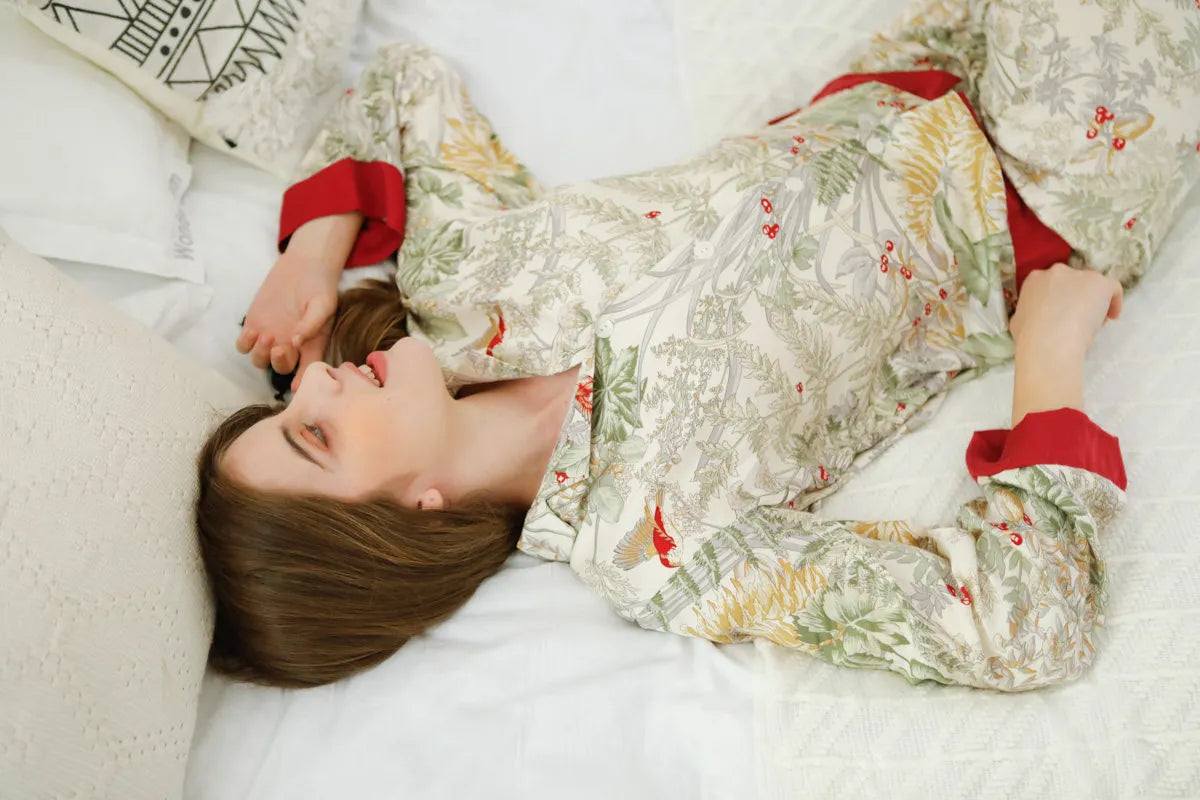 RoomDen Silky Festive Berry Botanical Cotton Sateen Pajama Set - Side Lying Pose - Comfortable Fit