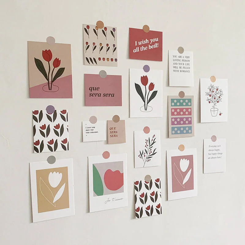 Angled lifestyle shot of the Cottagecore-inspired floral and quote wall collage kit. - RoomDen