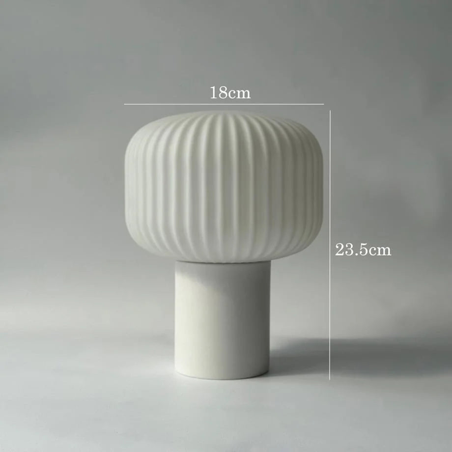 Creamy White Pleated Glass Mushroom Accent Lamp with dimensions 18cm by 23cm displayed - RoomDen