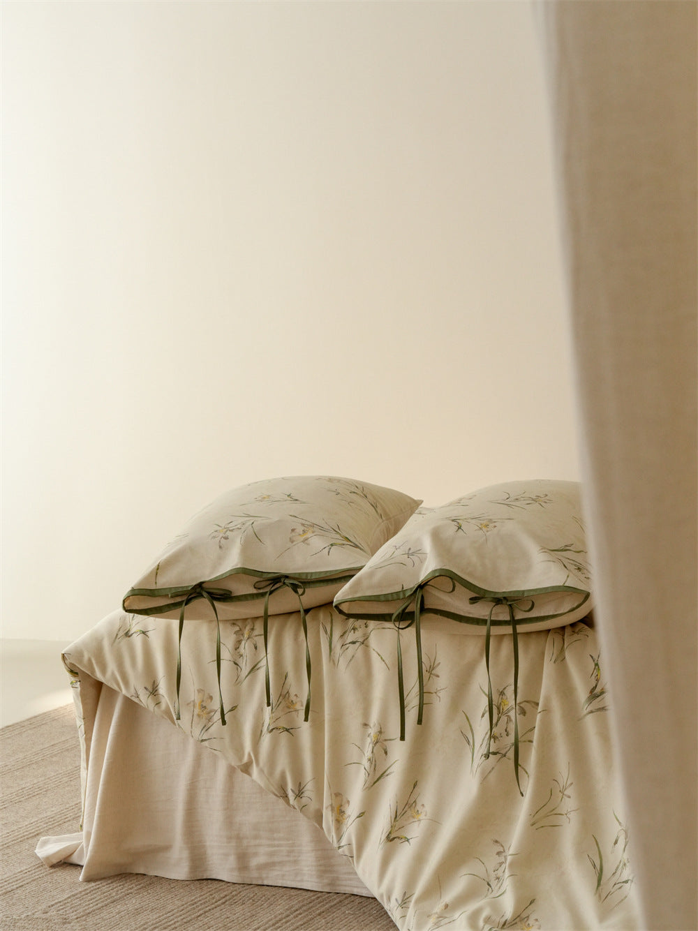 Stillgarden Meadow Sprig Cotton Linen Bedding Set – Pillow ties and draped duvet at the side of the bed - Roomden