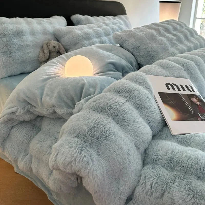 Plush Ruched Flannel Fleece Bedding Set in Sky Blue with a stuffed animal and globe light. - RoomDen