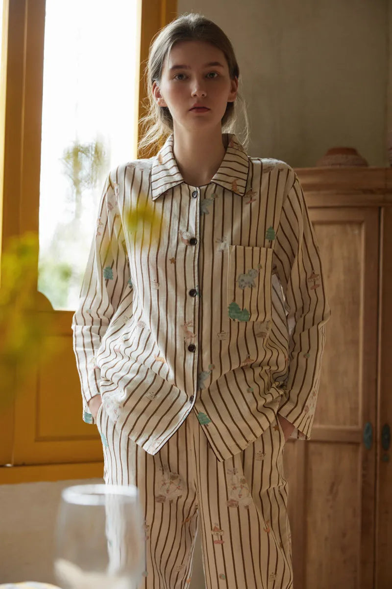 RoomDen Soft Whimsical Striped Double Gauze Pajama Set - Long Sleeve Front View