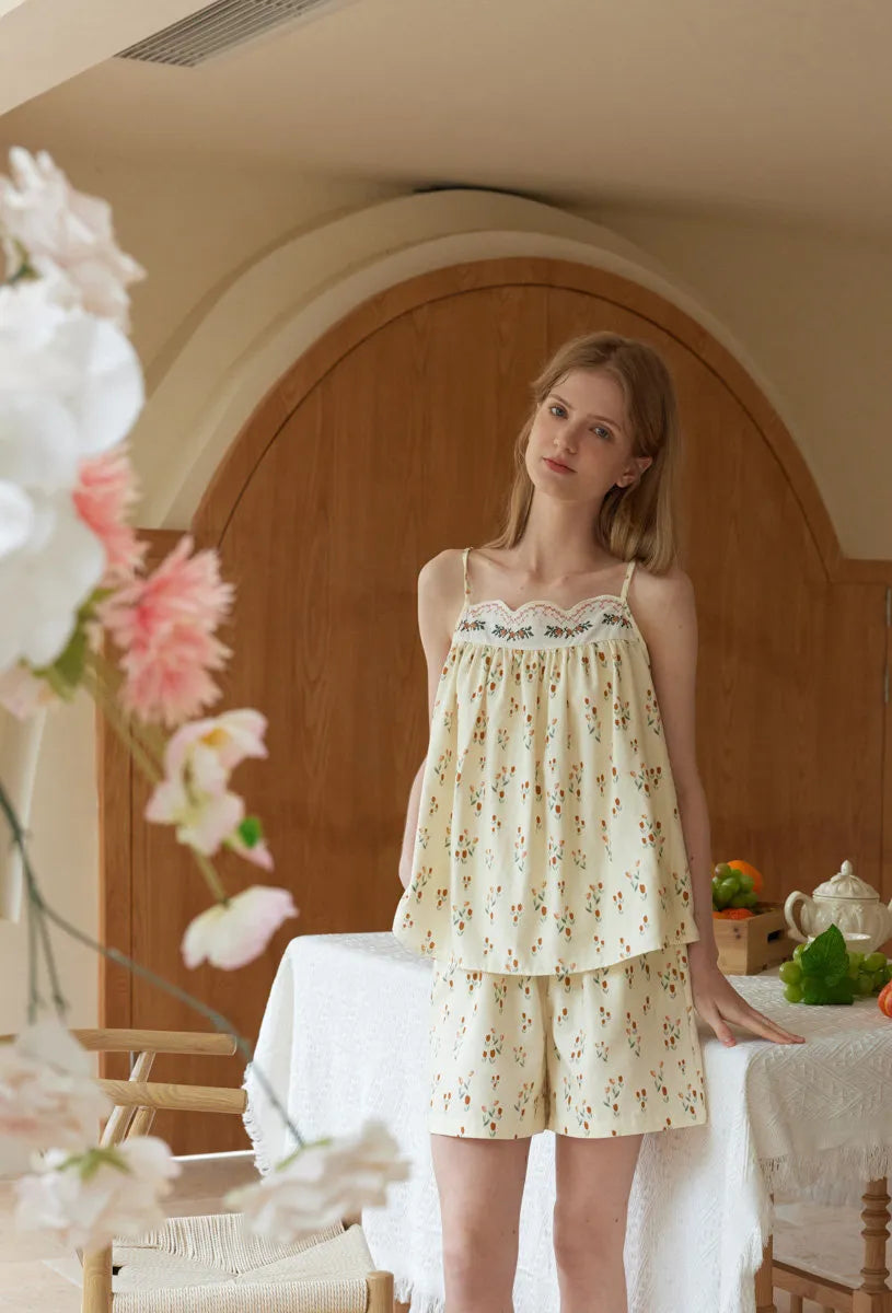 Vintage Style Tulip Print Double Gauze Sleepwear Shorts Set - RoomDen