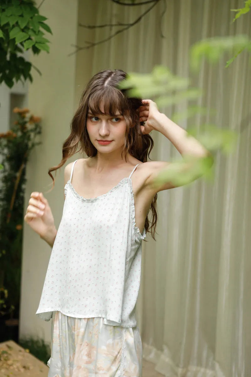 Side view of Floral Camisole Top showing delicate ruffle details - RoomDen