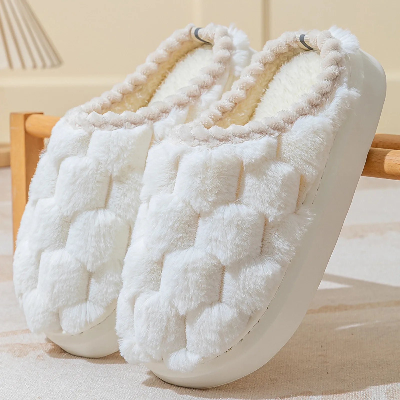 Close-up of Cream White Puffy Grid House Slippers showing faux fur texture - RoomDen