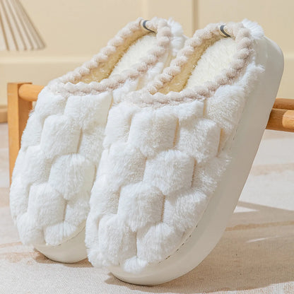 Close-up of Cream White Puffy Grid House Slippers showing faux fur texture - RoomDen