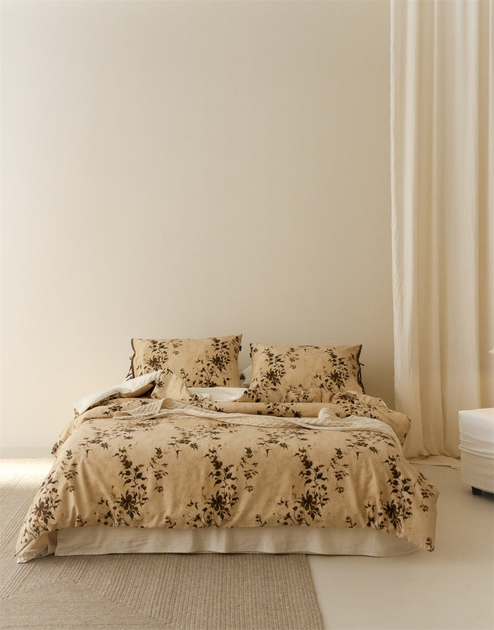 Stillgarden Ochre Branch Cotton Linen Bedding Set – Full bed view with dark branching florals on ochre - Roomden