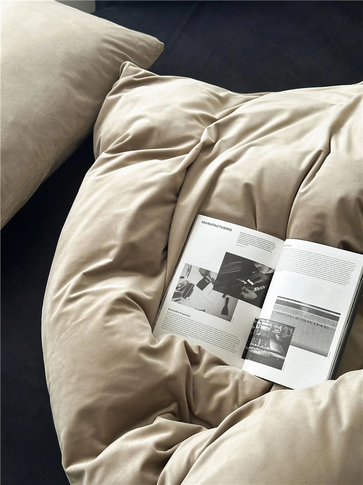 Detailed close-up of the plush, soft texture of the Warm Beige velvet duvet cover. - RoomDen