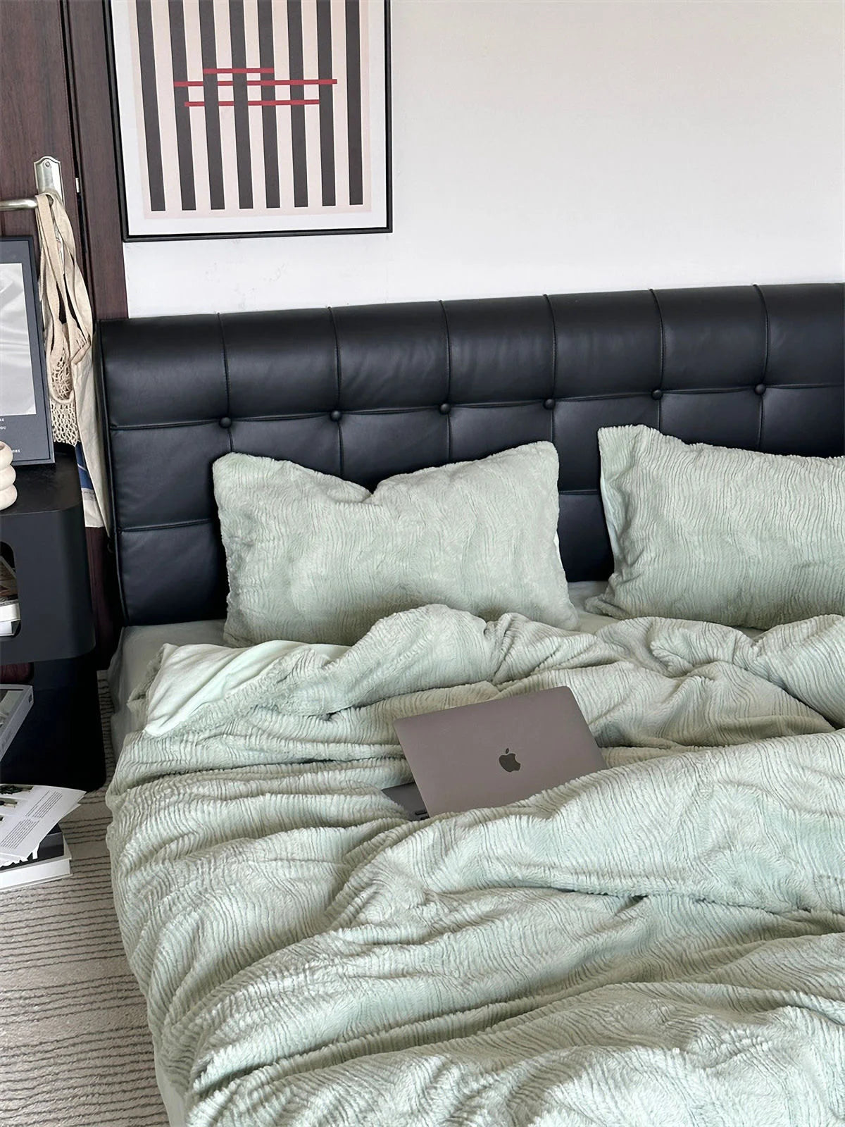 Another angle of the Sage Green fleece bedding, highlighting the plush texture and calming color. - RoomDen