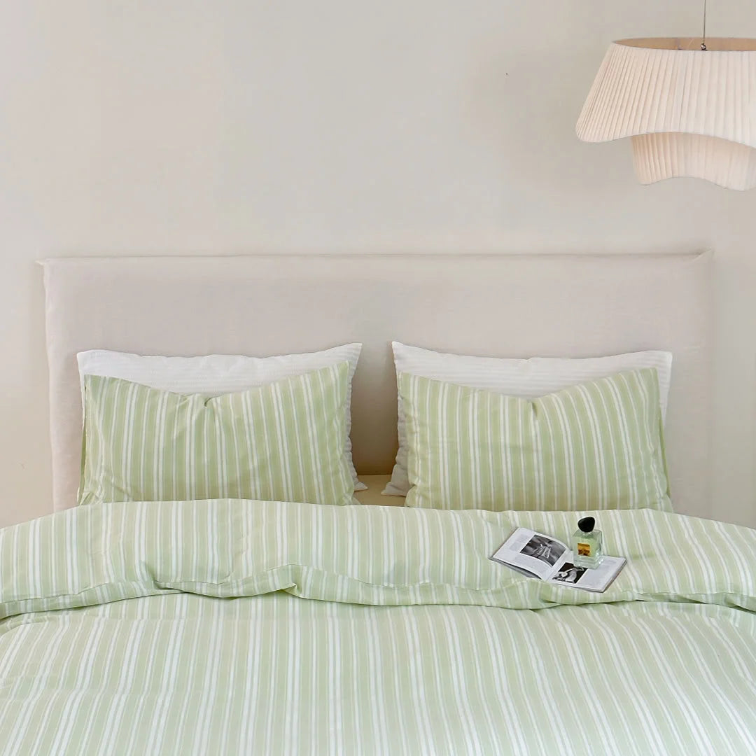 RoomDen Sage Green Striped Washed Cotton Bedding Set Main View
