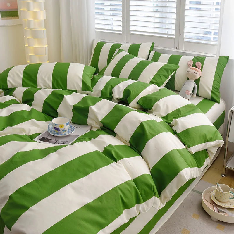 Cozy bedroom scene featuring the Green & White Striped Bedding Set, showing its soft and inviting texture - RoomDen