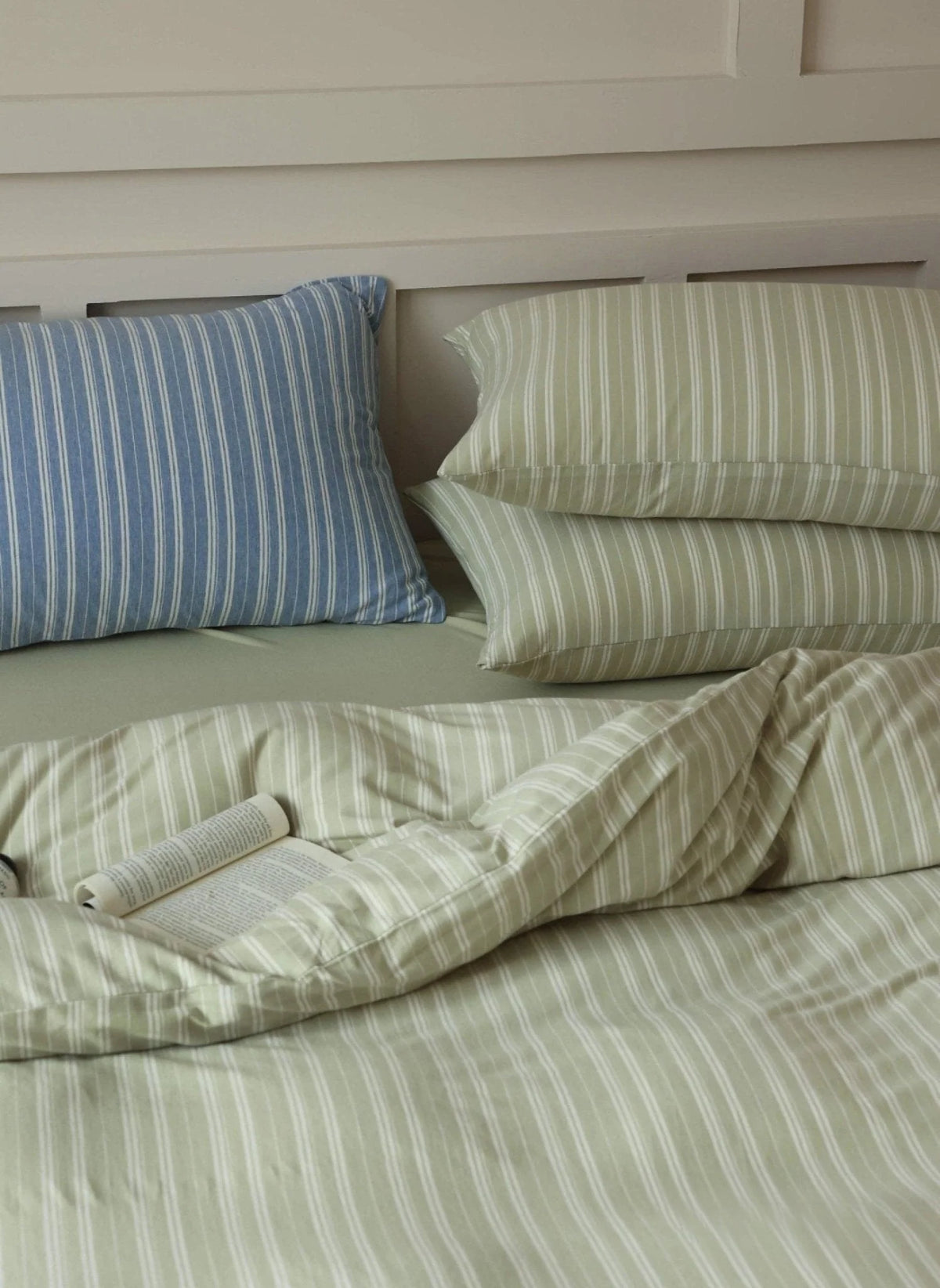 Denby striped jersey cotton bedding set in sage green, view 10