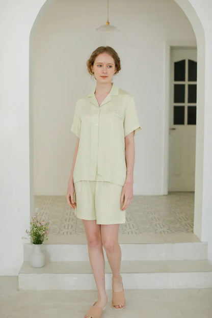 Model wearing Sage Green short sleeve pajama set