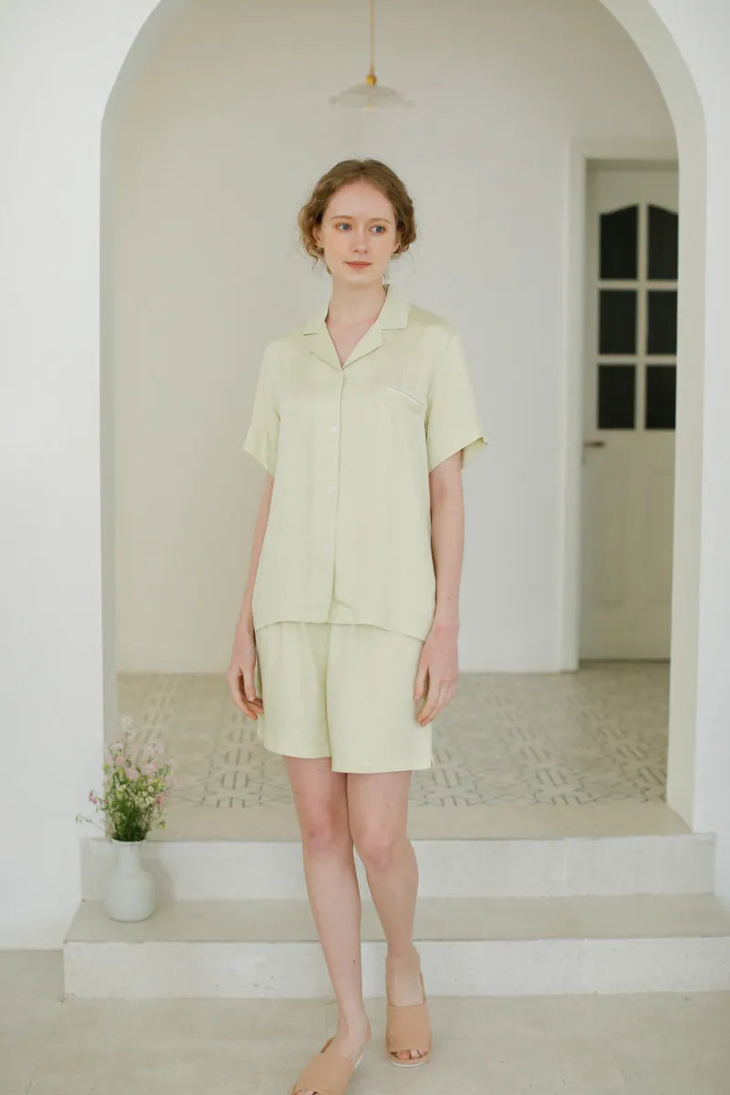 Model wearing Sage Green short sleeve pajama set