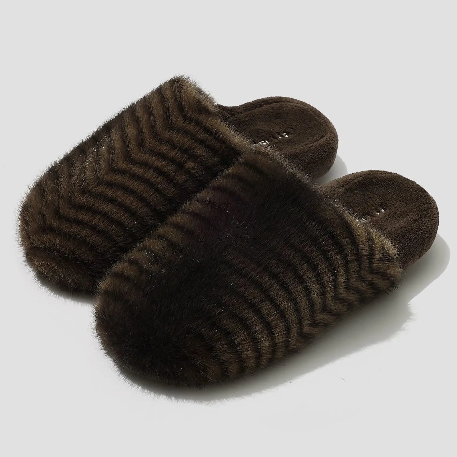 Isolated pair of Brown Stripes tiger print plush slippers - RoomDen
