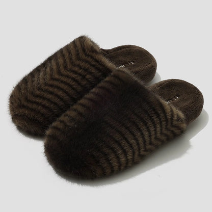 Isolated pair of Brown Stripes tiger print plush slippers - RoomDen