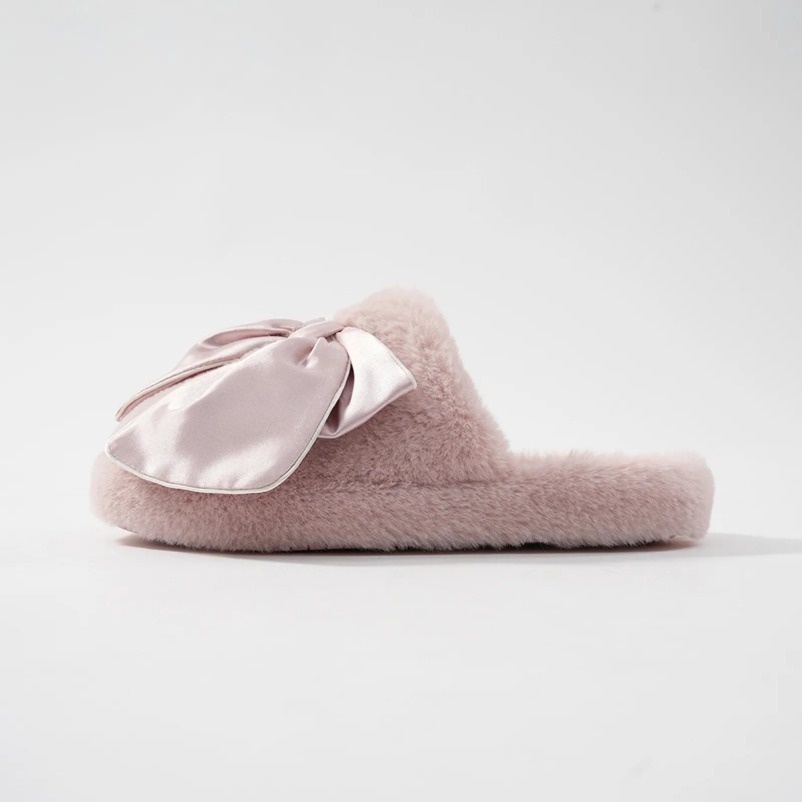 Pink Satin Bow Faux Fur Slipper side view