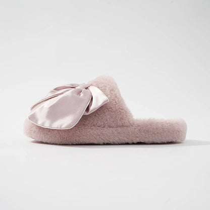 Pink Satin Bow Faux Fur Slipper side view