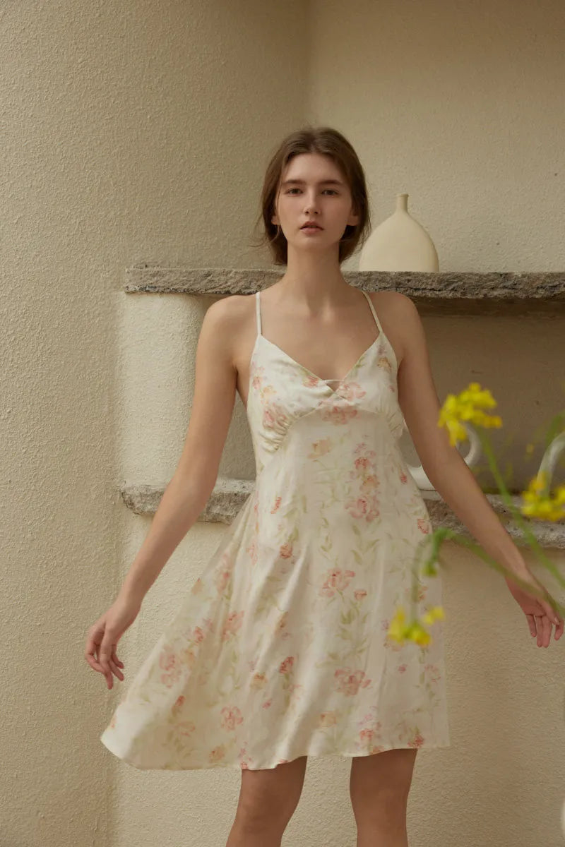 RoomDen Silky Vintage Floral Cotton Sateen Slip Dress - Flowy movement shot