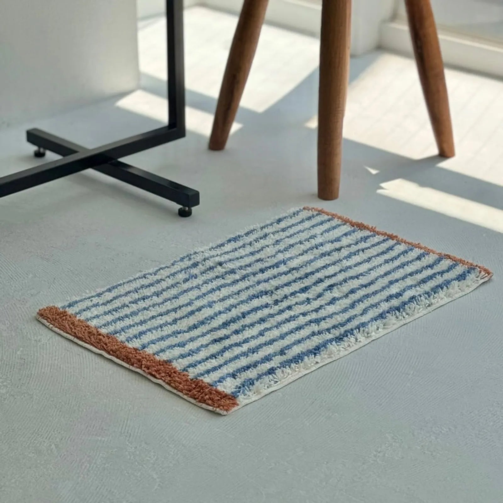 RoomDen Plush Tufted Wavy Striped Accent Rug in Brown and Blue - Main View