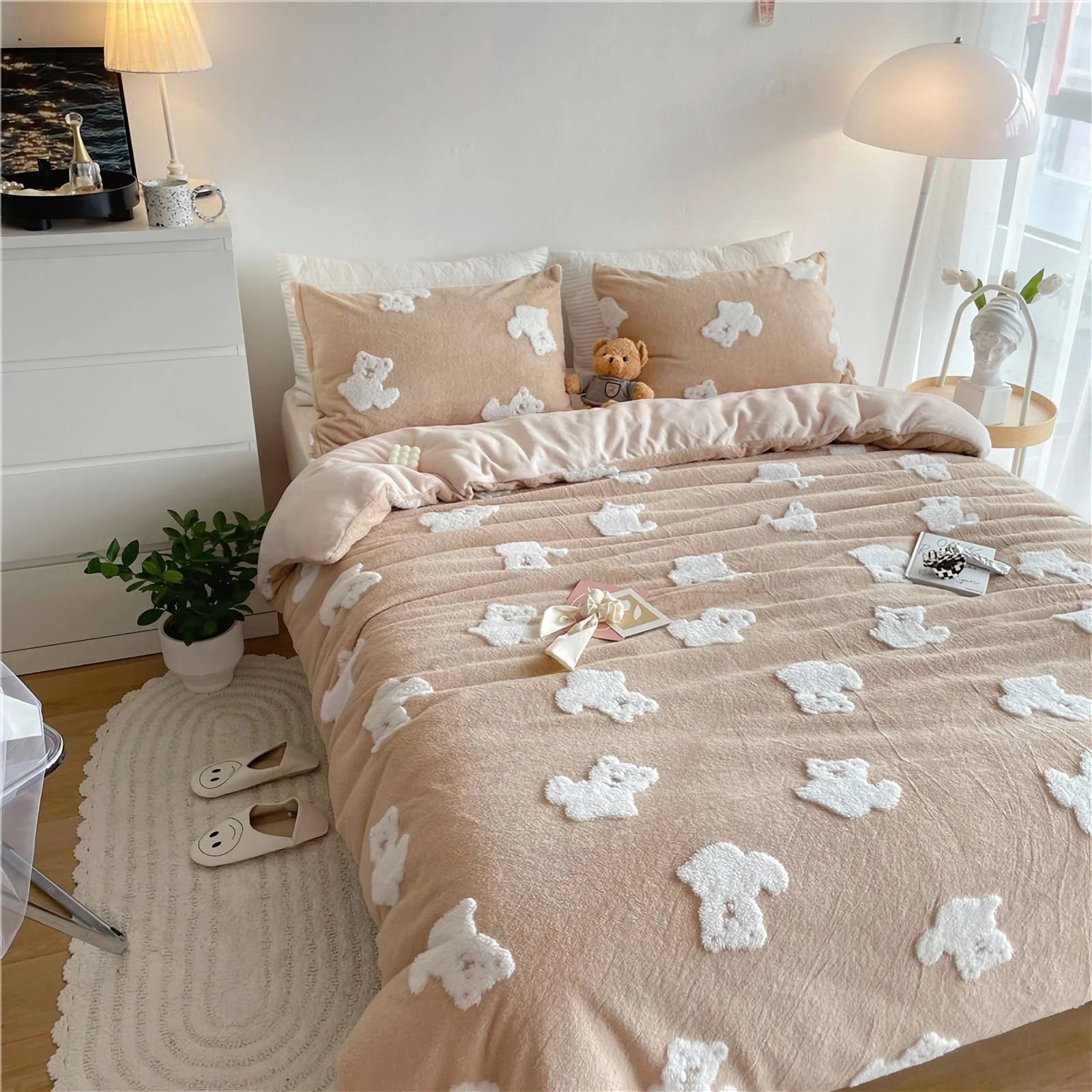 Wide shot of a bedroom featuring the creamy beige teddy bear flannel fleece bedding set. - RoomDen