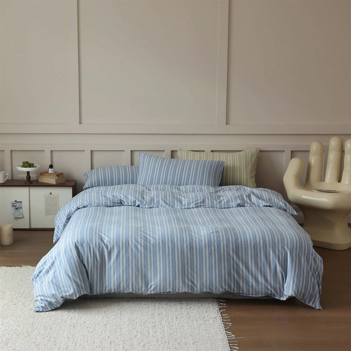 Denby striped jersey cotton bedding set in steel blue, view 12