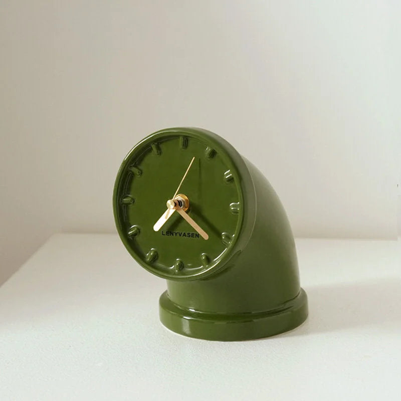 Olive green Industrial Pipe Ceramic Table Clock on a white surface - RoomDen