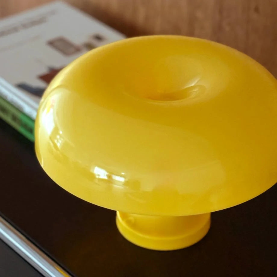 Detailed shot of the glossy top of the marigold yellow mushroom lamp - RoomDen.