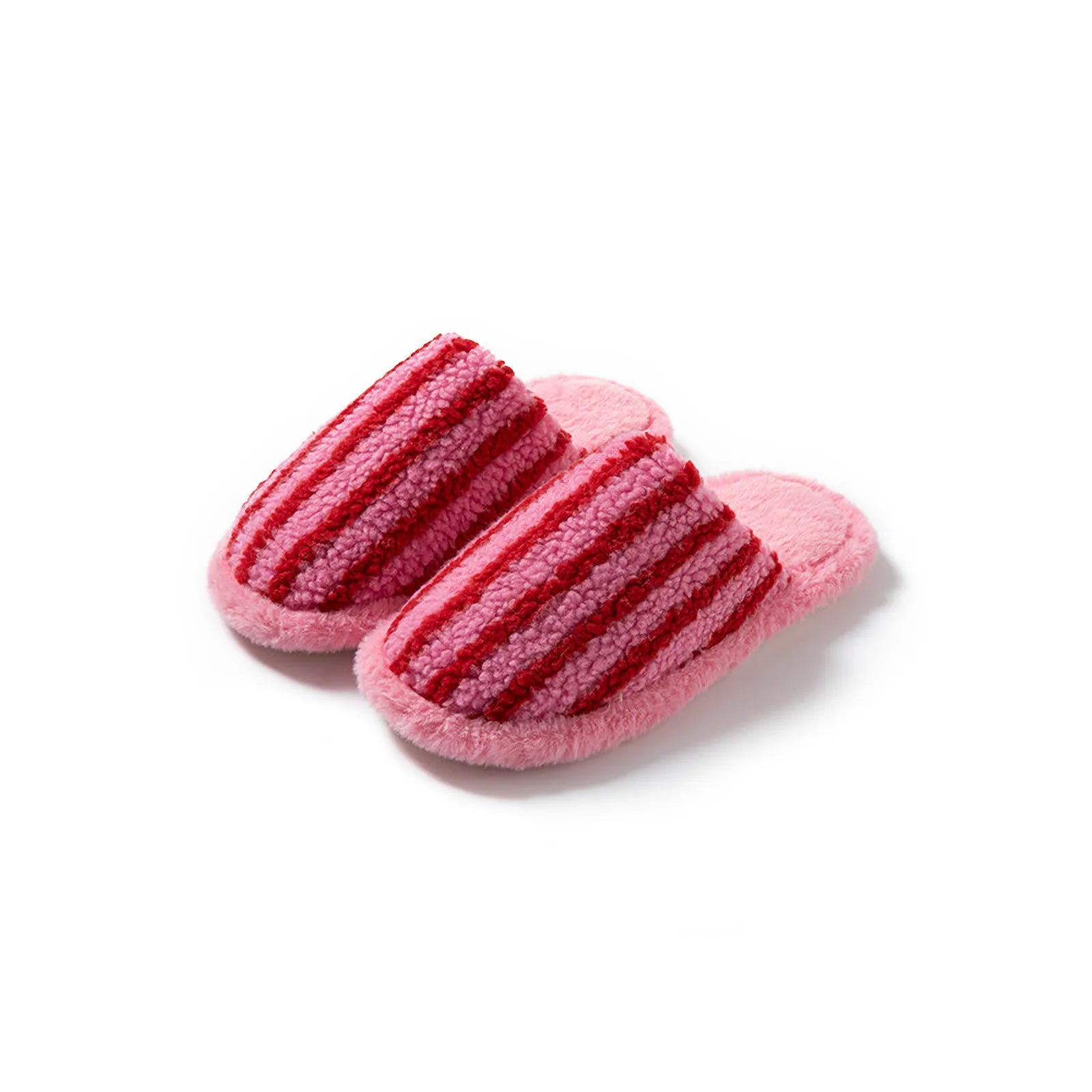 Pair of Pink and Red striped plush house slippers isolated on white - RoomDen