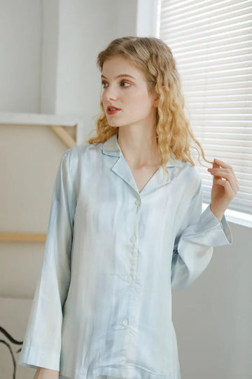 Silky Ice Blue Striped Cotton Sateen Pajama Set