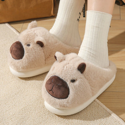 Creamy Beige Capybara animal slippers worn on feet with white socks RoomDen