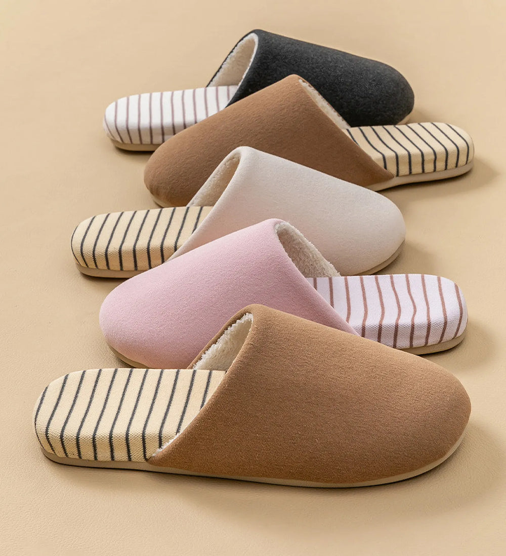 RoomDen Plush Striped Cotton House Slippers - Collection of colors including black brown beige and pink