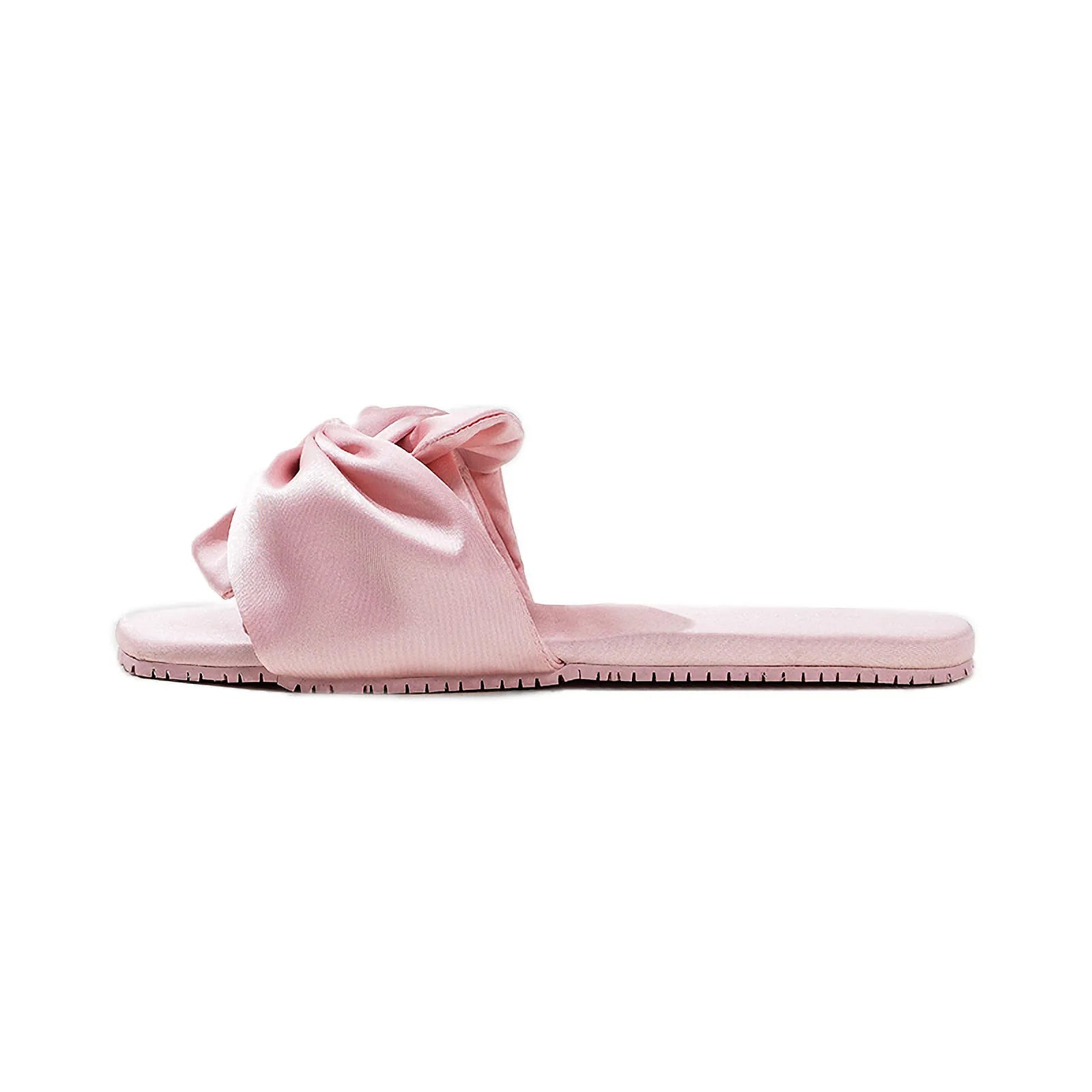 RoomDen Silky Ruched Bow Cotton Sateen House Slippers in Cream Beige - Side View