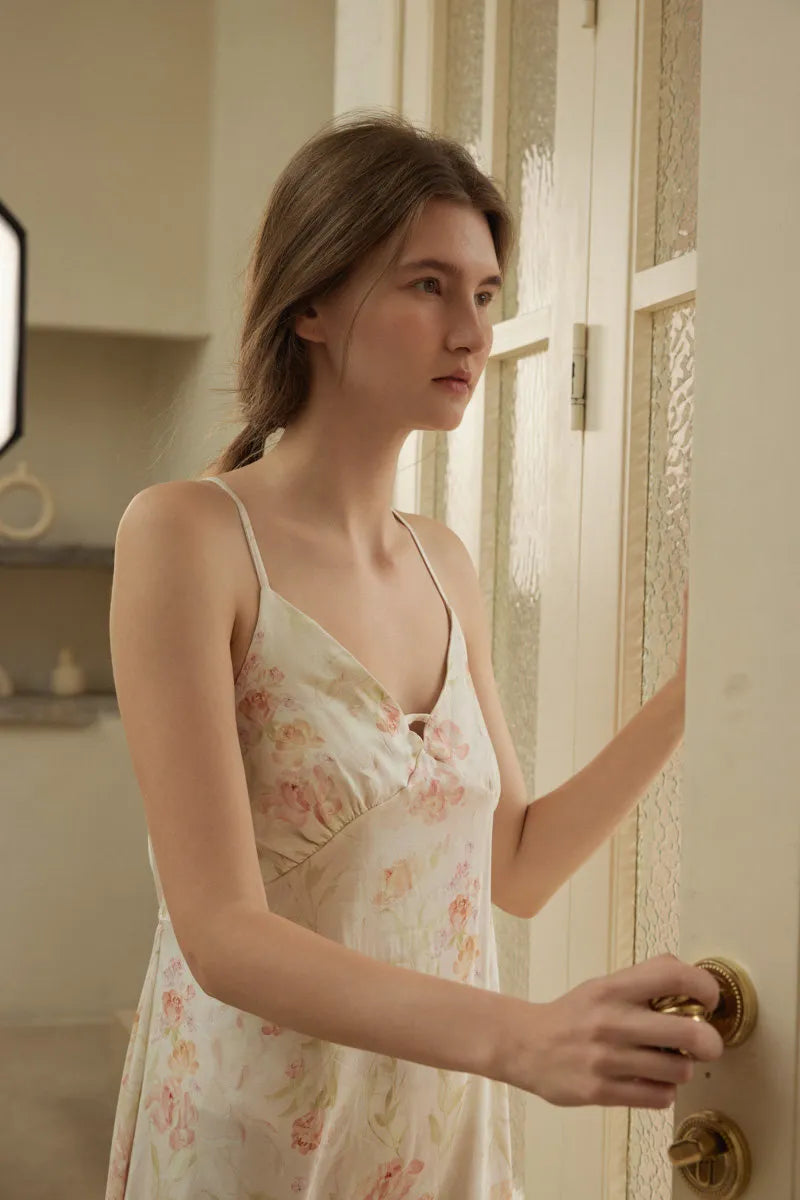 RoomDen Silky Vintage Floral Cotton Sateen Slip Dress - Side profile near vintage door