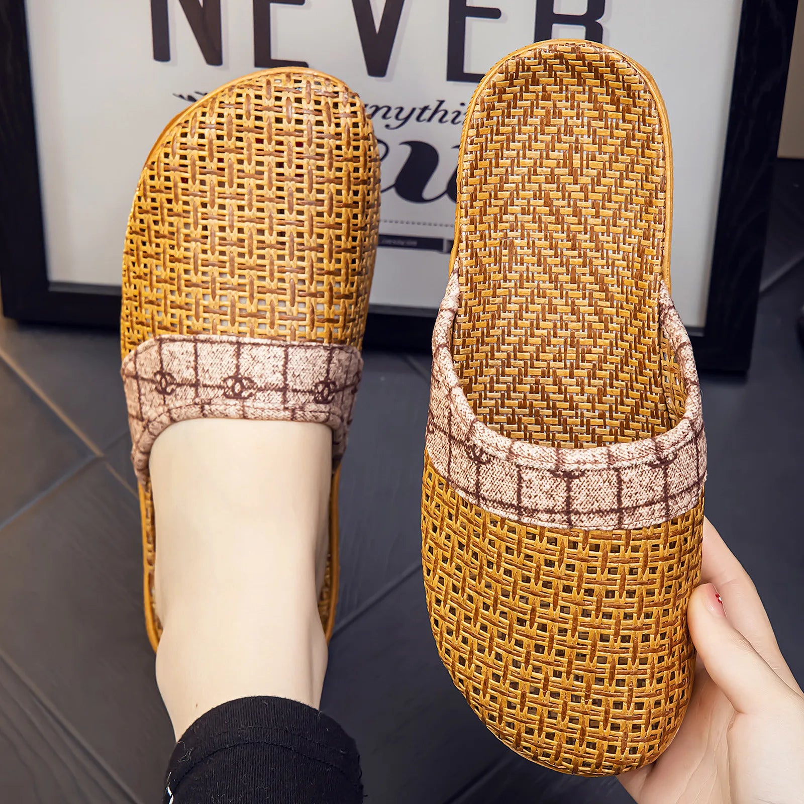 Single Cooling Plaid Natural Rattan House Slipper in pink colorway flat lay - RoomDen