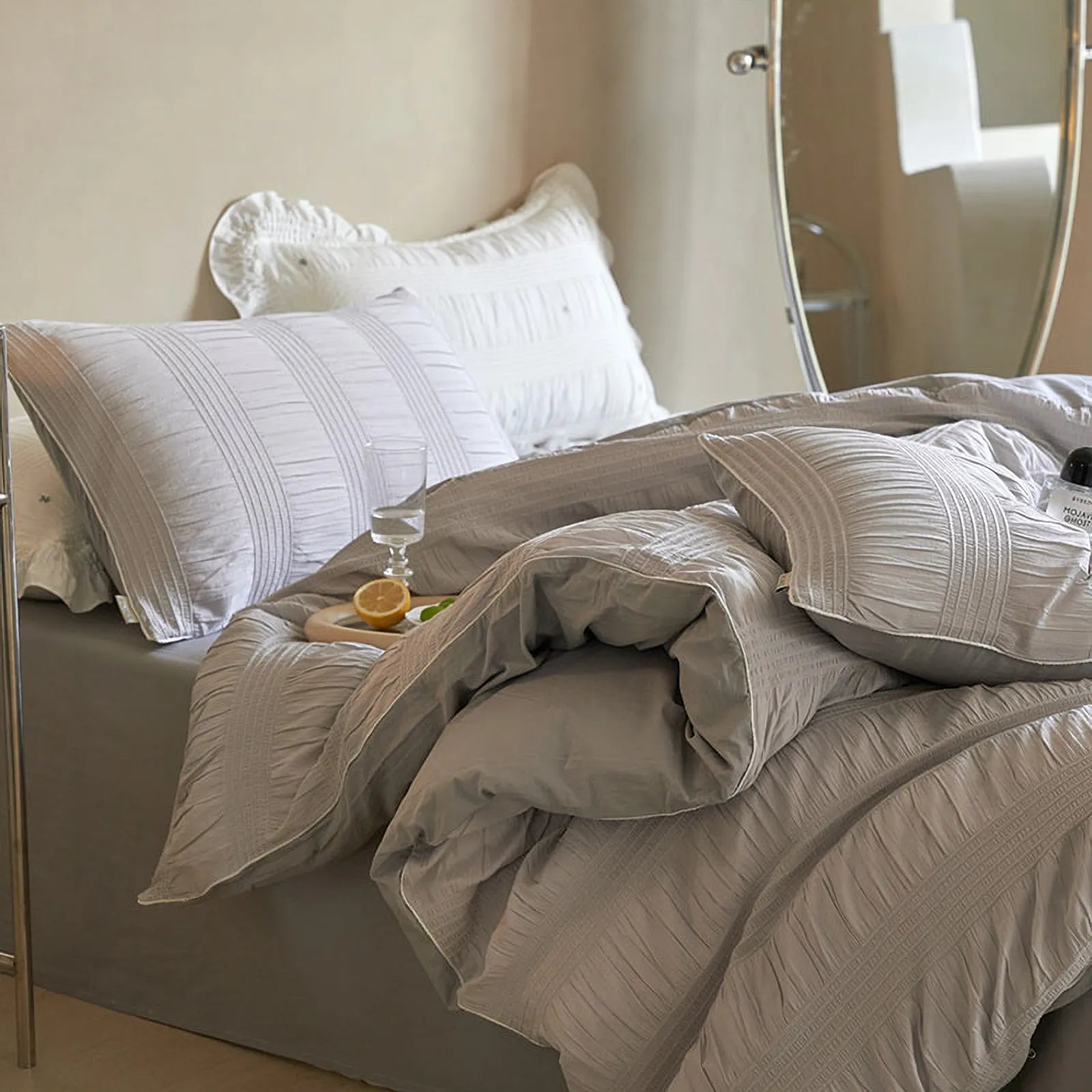 Full view of the Textured Pintuck Washed Cotton Bedding Set in Dove Grey. - RoomDen