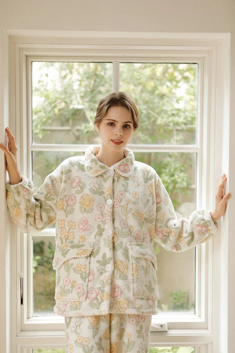 Front view of cozy floral pajama set with pocket details - RoomDen