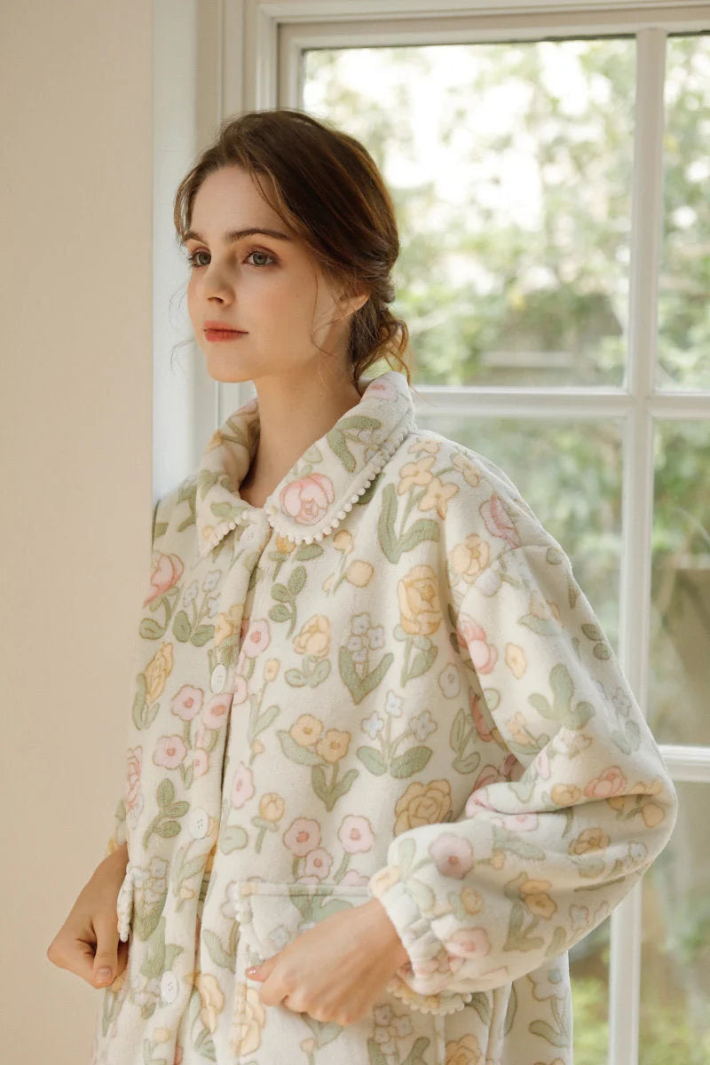 Side profile of model in soft beige floral lounge set - RoomDen